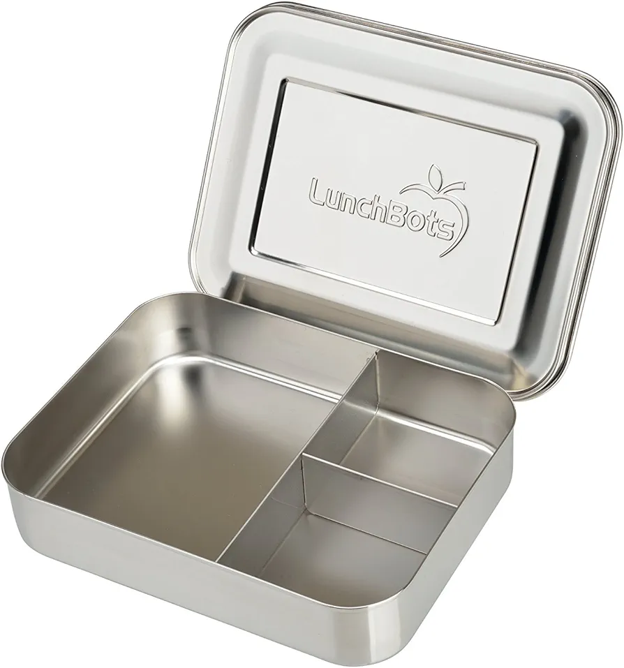 LunchBots Large Trio Stainless Steel Lunch Container -Three Section Design for Sandwich and Two Sides - Metal Bento Lunch Box - Eco-Friendly - Stainless Lid - Staineless Steel