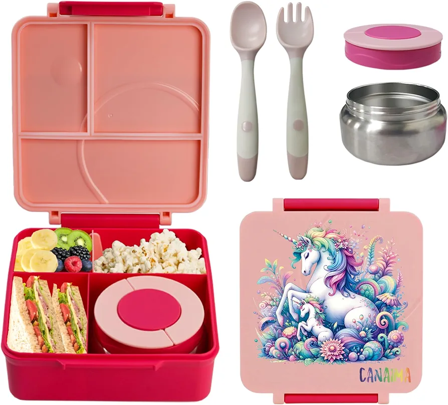 CANAIMA Bento Box for Kids with Thermos -1600ml Leak Proof Lunch Box - Amazing Designs - Microwave-Safe, BPA-Free, Easy to Clean Bento Lunch Box for Kids & Adults - School & Office (Pink Unicorn)