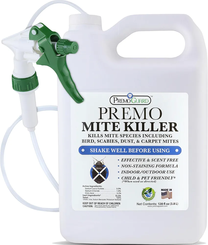 Mite Killer Spray by Premo Guard – 128 oz – Treatment for Dust Spider Bird Rat Mouse Carpet and Scabies Mites – Fast Acting 100% Effective – Child & Pet Safe – Best Natural Non-Toxic Formula