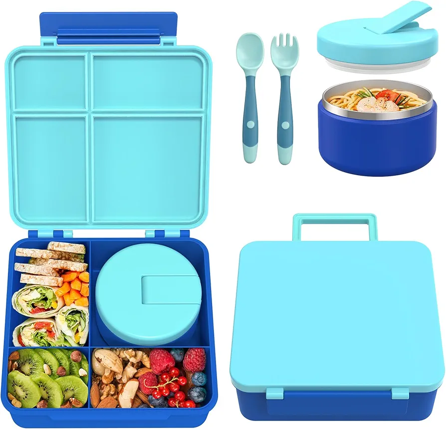 Bento Lunch Box with 8oz Soup Thermo, Kids Leakproof Lunch Food Containers with 4 Compartment, Kids Thermo Insulated Hot Food Jar for School, Trvael（Blue