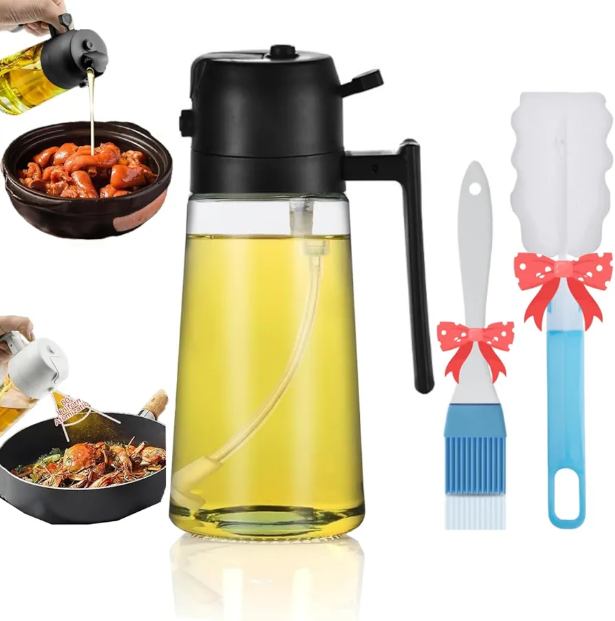 2 in 1 Oil Dispenser and Oil Sprayer, Upgraded Food-grade 16oz/470ml Oil Sprayer for Cooking, Olive Oil Sprayer Bottle Oil Sprayer Mister Oil Spritizer with Brush for Air Fryer, Salad, BBQ (Black)