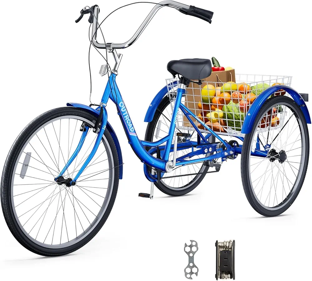 Betterland 7-Speed Adult Tricycle with Large Basket 24/26 Inch, Stable 3-Wheel Cruise Bicycle for Shopping, Beach and City Trike Perfect for Men, Women, Seniors(Red/Blue/Purple)