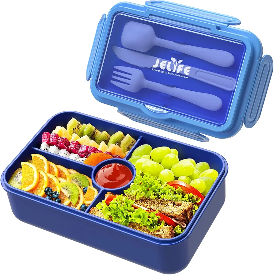 Jelife Bento Lunch Box for Kids - Leakproof Large Bento-Style with 4 Compartments Portions Lunchbox with Tableware Back to School, Reusable On-the-Go Meal and Snack Packing, Blue