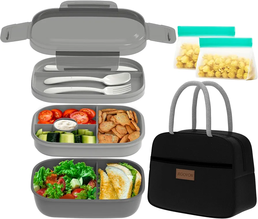 JBGOYON® Bento Lunch Box Set - 3 Stackable Containers for Adults and Kids- Includes Lunch Bag, Leak-Proof and BPA-Free - Built-in Utensil Set and Snack Bag - Dishwasher Safe(Grey Black)