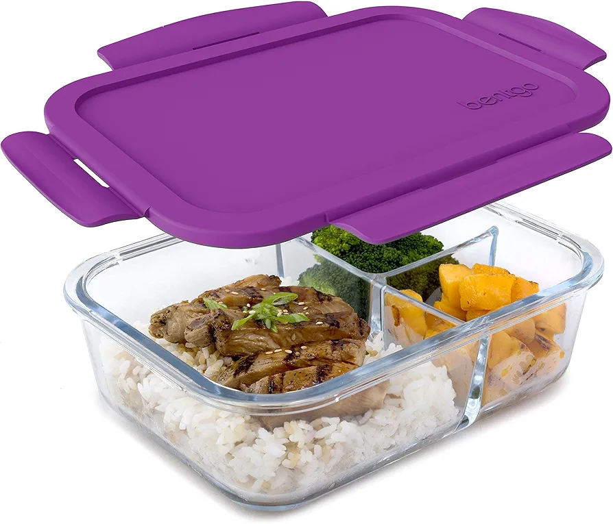 Bentgo Glass Lunch Box - Leak-Proof Bento-Style Food Container with Airtight Lid and Divided 3-Compartment Design - 5 Cup Capacity for Meal Prepping, and Portion-Controlled Meals for Adults (Purple)