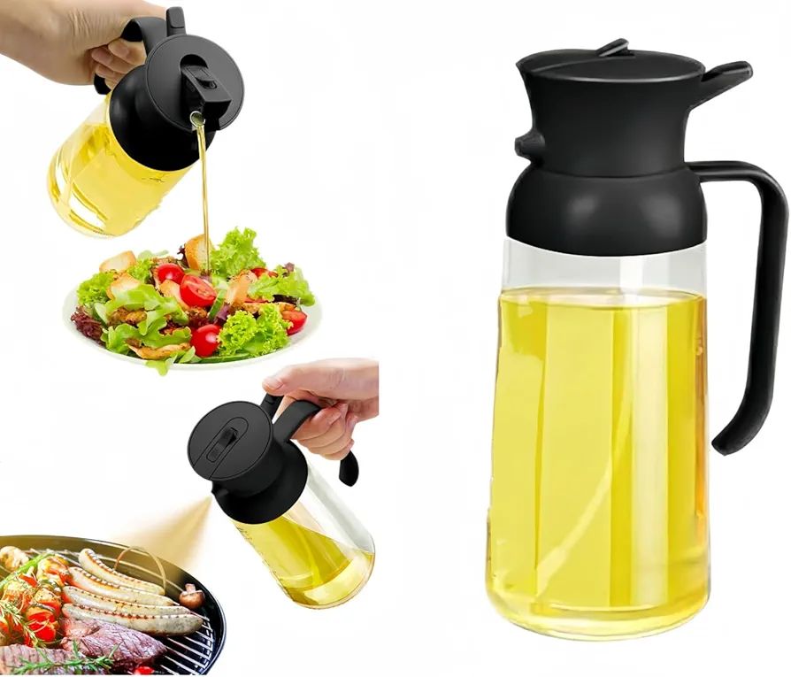 Kitchen Cooking Olive Oil Spray Bottle, 2-in-1 Oil Dispenser pour oil and Spritzer, 18 oz/550 ml Glass Oil Sprayer Food-grade Oil Mister, Air Fryer, Salad, Baking, Roasting、BBQ(black)