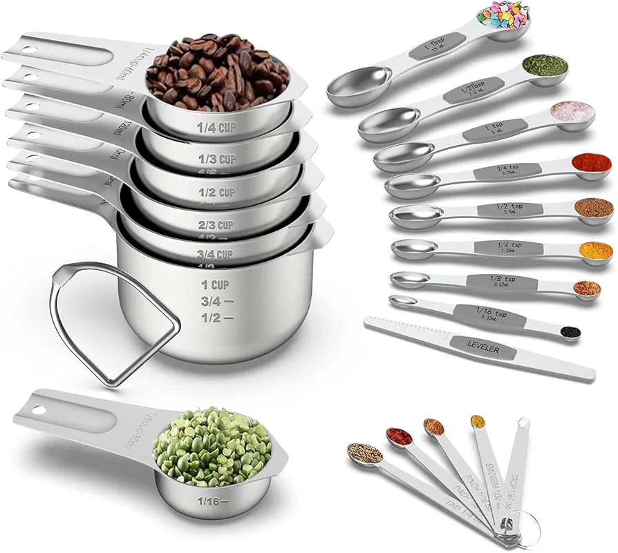 Measuring Cups and Magnetic Measuring Spoons Set, Wildone Stainless Steel 7 Measuring Cups, 8 Double Sided Stackable Magnetic Measuring Spoons, 1 Leveler & 5 Mini Spoons - 21 Piece