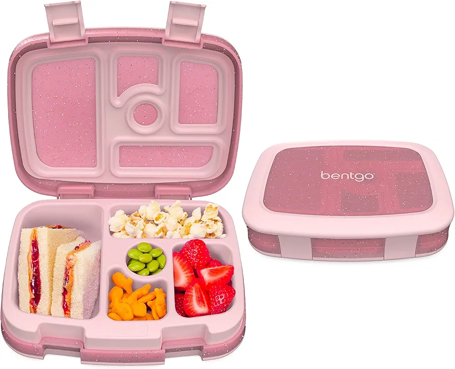 Bentgo Kids 5-Compartment Lunch Box - Glitter Design for School, Ideal for Ages 3-7, Leak-Proof, Drop-Proof, Dishwasher Safe, & Made with BPA-Free Materials (Glitter Edition - Petal Pink)