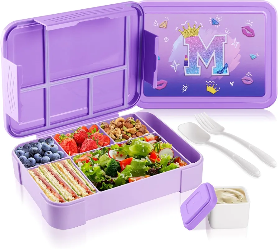 JYPS Bento Box for Kids,Leak-Proof Kids Lunch Box with 6 Compartments,Sauce Container,Utensils,BPA Free Microwave/Dishwasher Safe Lunch Container for Girls and Toddlers Back to School-Purple M