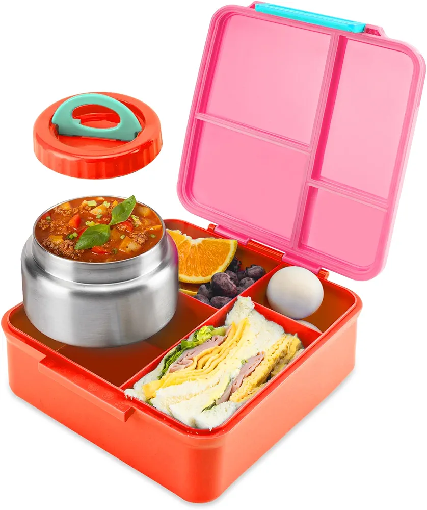 Bento Lunch Box for Kids With 8oz Soup Thermo,Leak-proof Lunch Containers with 4 Compartment,Thermo Food Jar, Food Containers for School(Vermilion)