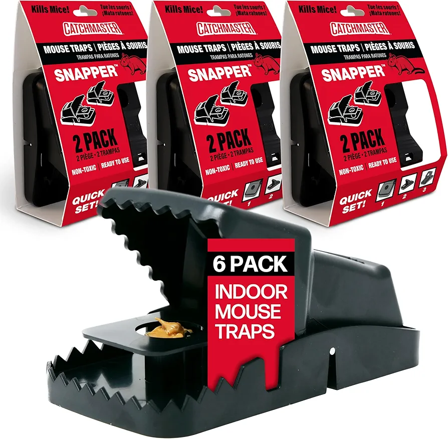 Catchmaster Snapper Mouse Traps 6-Pk, Mouse Traps Indoor for Home, Reusable Rodent Killer for House, Outdoor Critter Catcher, Eco Friendly Pest Control for Garage, Basement, & Kitchen