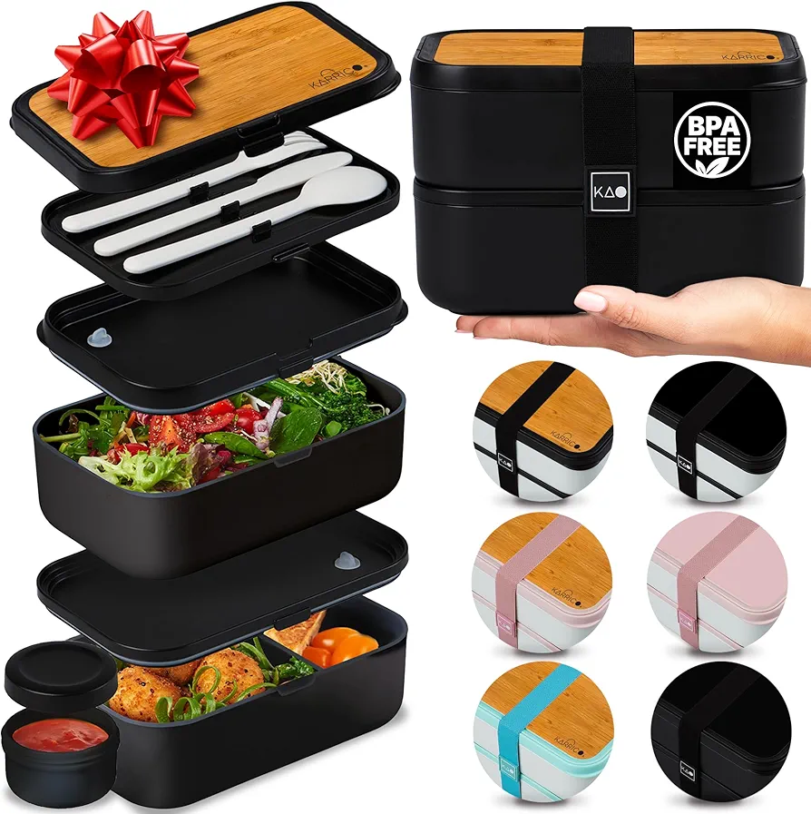 Double Premium Bento Box, 67 fl oz BPA-Free - Black Stackable Lunch Box with Leak-Proof Lids & Dividers, Perfect for Christmas Meal Prep, Holiday Lunches & Portion Control