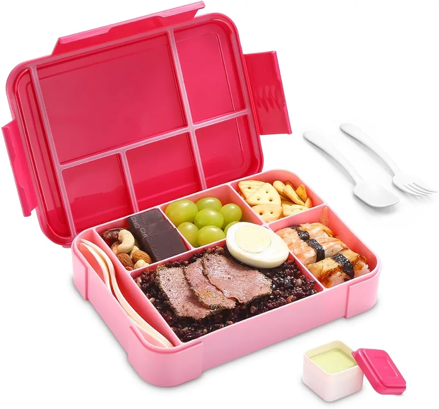 LOVINA Bento Box for Adult Kids, Stylish Teens Adult Lunch Box Containers With 5 Compartments, Durable, Microwave/Dishwasher Safe, BPA-Free, Perfect for On-the-Go Meal(Pink)