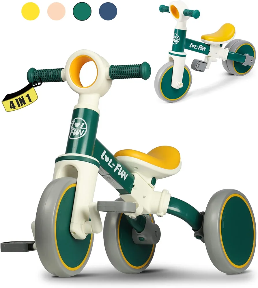 LOL-FUN Toddler Balance Bike for 1 to 4 Years Old Boys Girls Gift, 4 in 1 Baby Bicycle for 1 2 Year Old Kids Tricycle 3 Wheel with Easy Assembly Removable Pedal