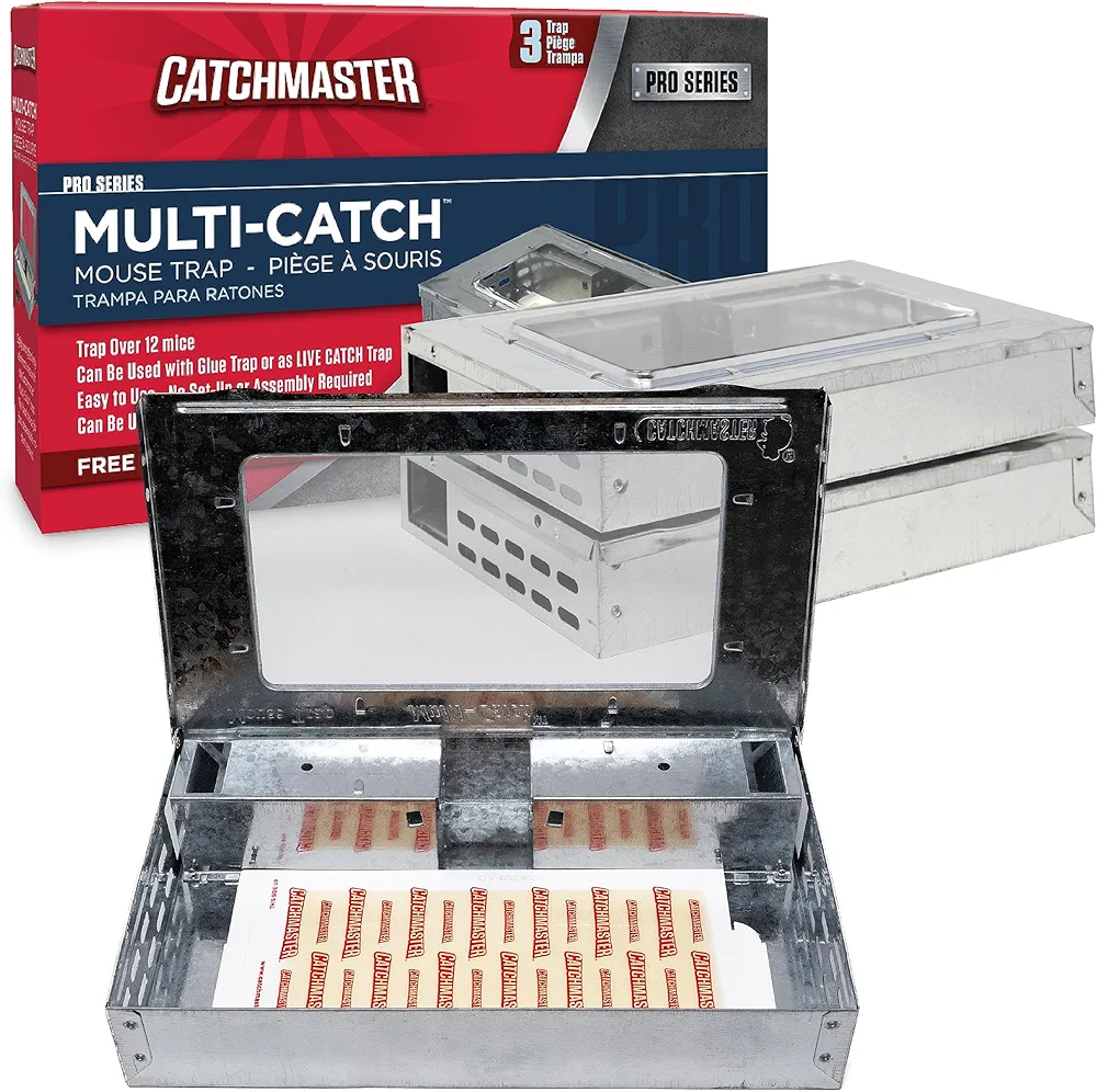 Catchmaster Pro Series Multi-Catch Mouse Trap 3-Pack, Humane Mouse Traps Indoor for Home, Rat Trap Outdoor with Replaceable Glue Boards, Pet Safe Pest Control, Live Trap for Garage & Shed