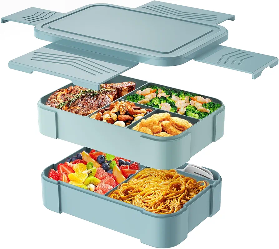 Bento Box Lunch Containers for Kids - Stackable Lunch Box with Utensil Set & 7 Compartments, 50oz/1500ml, 100% Leak-proof, BPA-free, Microwave, Dishwasher and Fridge Save, Office, School, Green