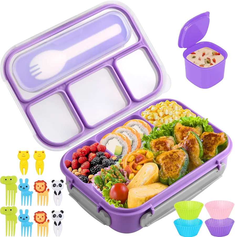 Bento Box, Lunch Box Kids, 1300ML with 4 Compartment&Food Picks Cake Cups, Containers for Adults/Kids/Toddler, Leak-Proof, Microwave/Dishwasher/Freezer Safe(Purple)