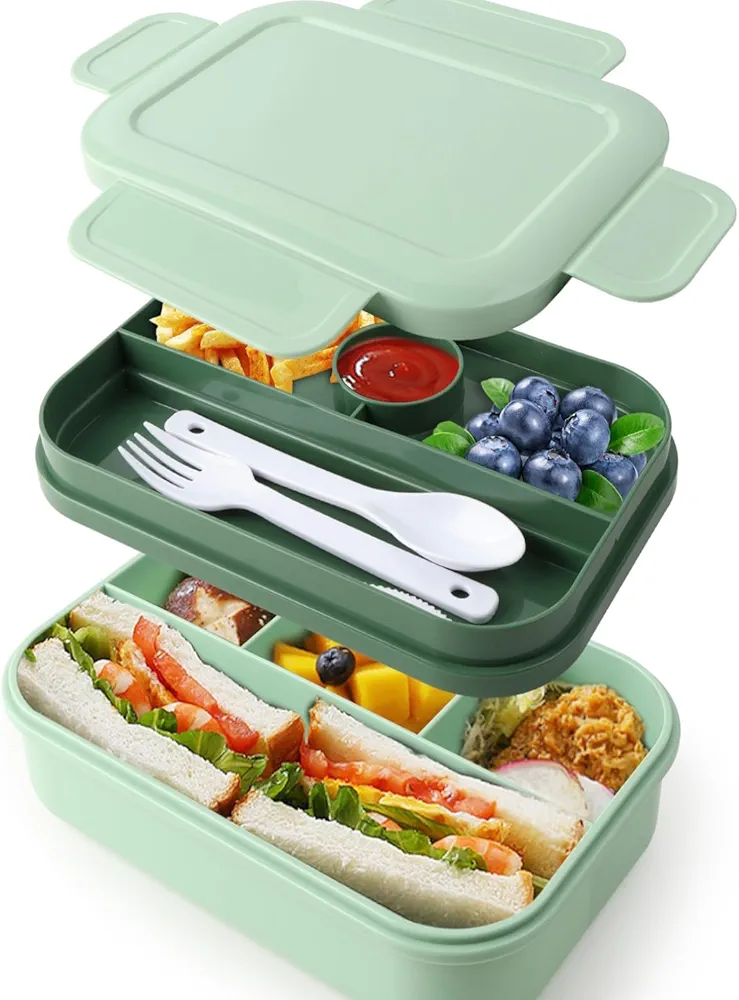 Bento Box Adult Lunch Box - 2000 Ml Double Layer Lunch Box Containers For Adults with 4+4 Compartments, Bento Lunch Box for Kids with Utensils,Leak-Proof,Microwave/Dishwasher/Freezer Safe - Green