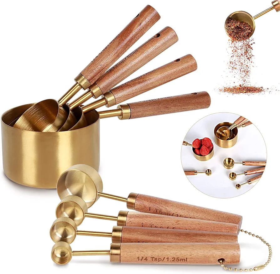 Collection 8 Piece Gold Measuring Cups Set and Measuring Spoons, Golden With fragrant wood Handles-Complete Set of Measure Cups and Spoons For Cooking and Baking.…