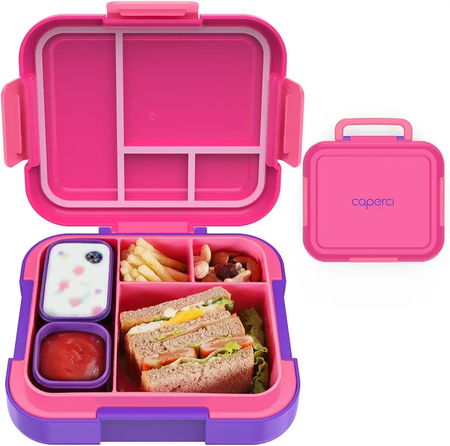 Caperci Bento Lunch Box for Kids - Large 4.8 Cups Lunch Container with 2 Modular Containers - 4 Compartments, Leak-Proof, Portable Handle, Microwave/Dishwasher Safe (Fuchsia/Purple)