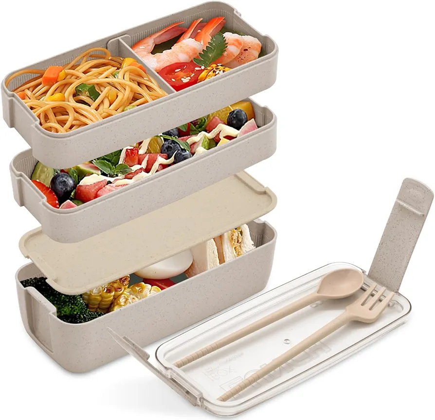 Bento Box Adult Lunch Box, Stackable 3-In-1 Compartment Bento Containers Kit with Spoon&Fork, Wheat Straw Meal Prep Containers Beige