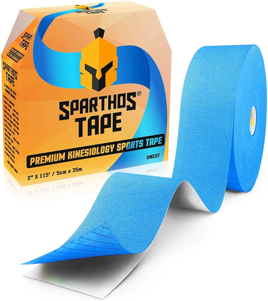 Sparthos Kinesiology Tape - Bulk Large Jumbo - Kinesio Taping Guide! - Support for Pro Athletic Sports - Lift Knee Muscle Body Wrist Brace Carpal Tunnel - Uncut 115 ft Roll (Blue)