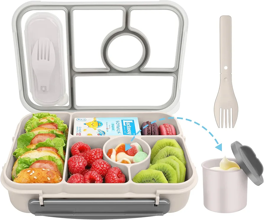 Lunch Box for Adults/Kids/Toddler,5 Compartments Bento Lunch Containers with Sauce Vontainers,Microwave & Dishwasher & Freezer Safe,BPA Free(White)