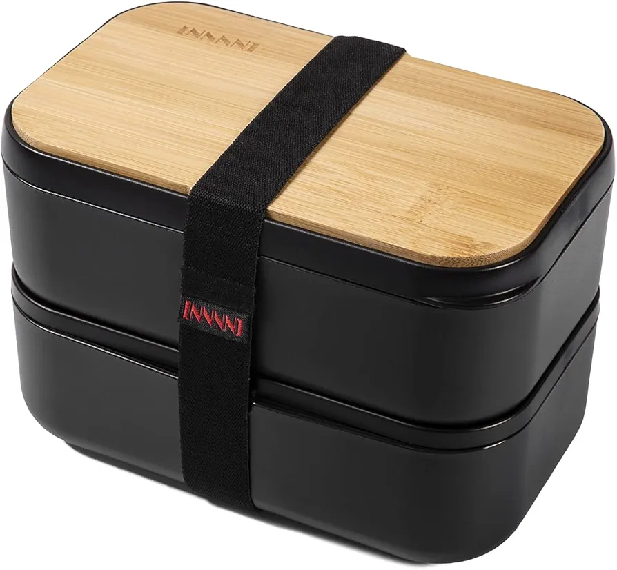 Bento Box Adult Lunch Box - 2 Stackable Containers, 68 oz Large, Natural Bamboo Lid, Microwave Safe, Dishwasher Safe, Bpa free, Gifts for Women