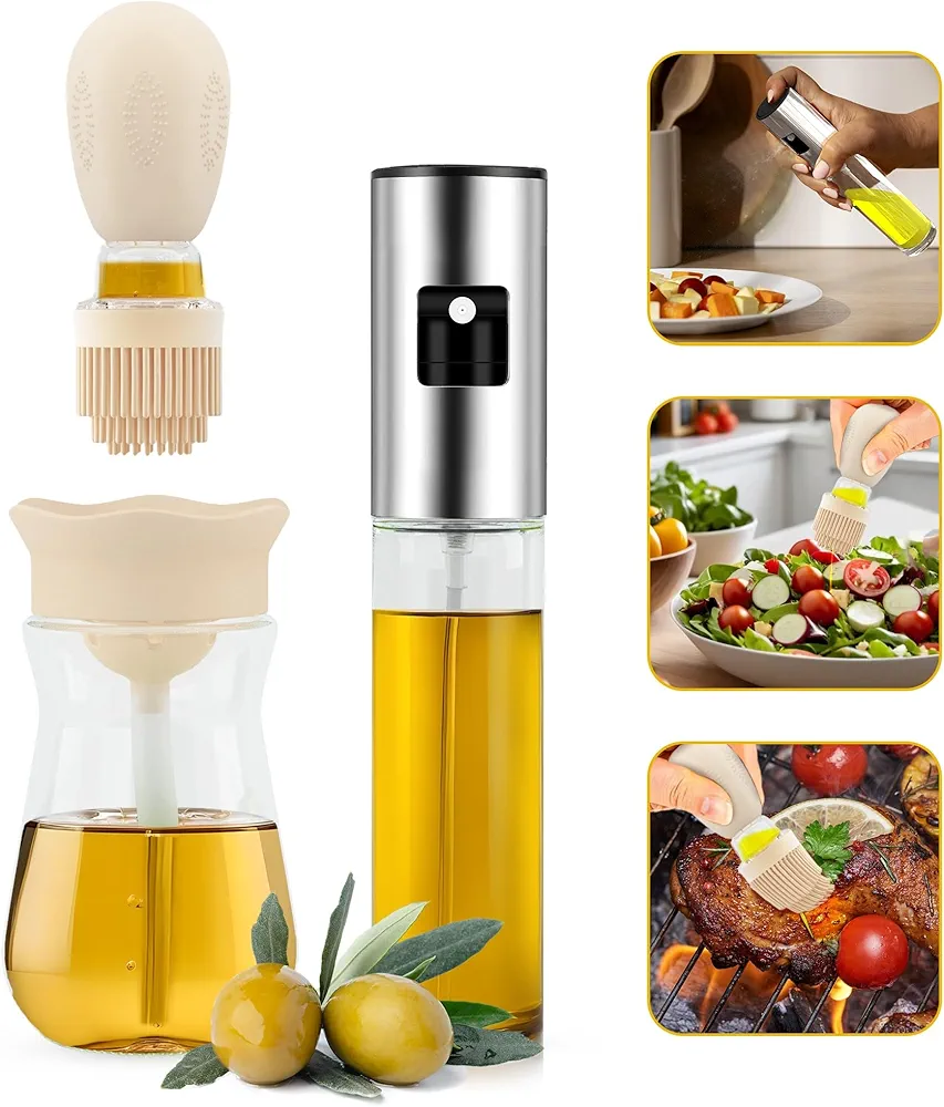 Glass Olive Oil Dispenser Bottle with Silicone Brush Dropper Measuring Oil Dispenser Bottle and 100 ml Oil Sprayer Mister Spray for Kitchen Cooking Frying Baking BBQ Salad Roasting Air Fryer