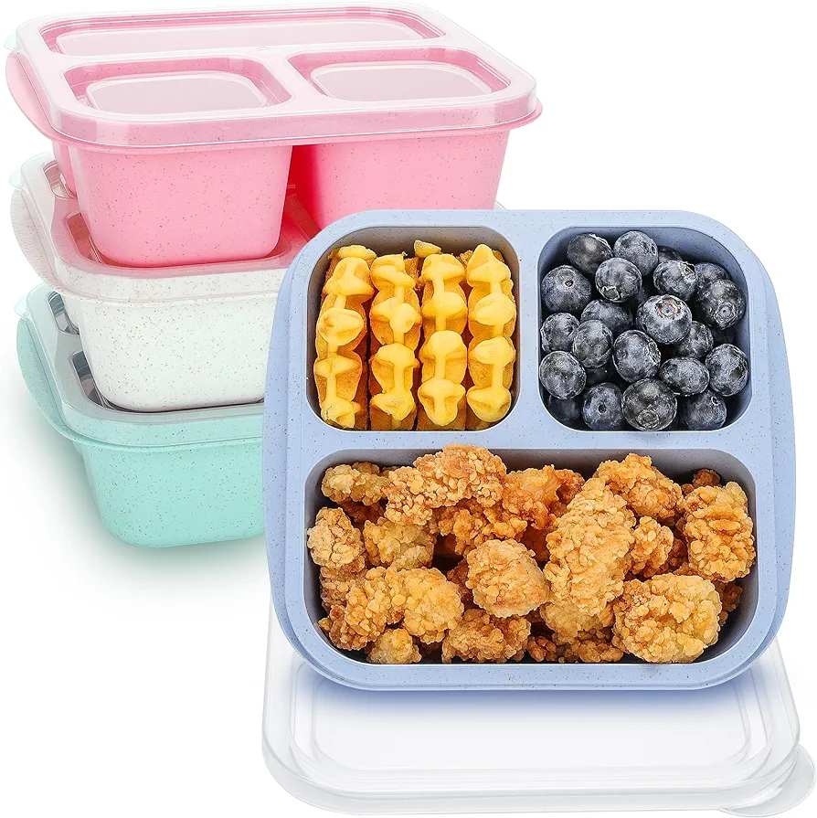 Bento Box For Kids, 4 Pack 3 Compartments Meal Prep Containers Reusable Lunch Containers, Food Storage Containers With Lids, Stackable Snack Boxes for School, Work, and Travel