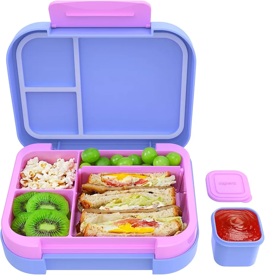 Caperci Vibrant Bento Lunch Box for Kids Teens & Adults - LeakProof 44oz Lunch Containers with 3 or 4 Compartments & Dip Container, Dishwasher/Microwave Safe, BPA-Free (Periwinkle/Pink)