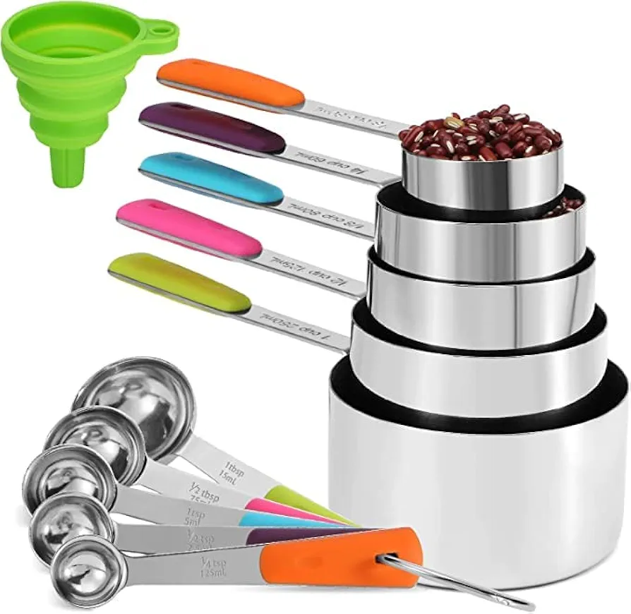 Measuring Cups and Spoons Set Stainless Steel 11 Piece for Cooking and Baking Kitchen Funnel