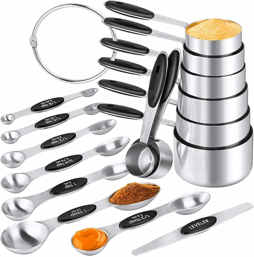 Measuring Cups & Spoons Set of 16, BOBIPRO Stainless Steel 8 Nesting Measure Cups Set & 7 double-sided Magnetic Measuring Spoons Set & 1 Leveler for Dry and Liquid Ingredient