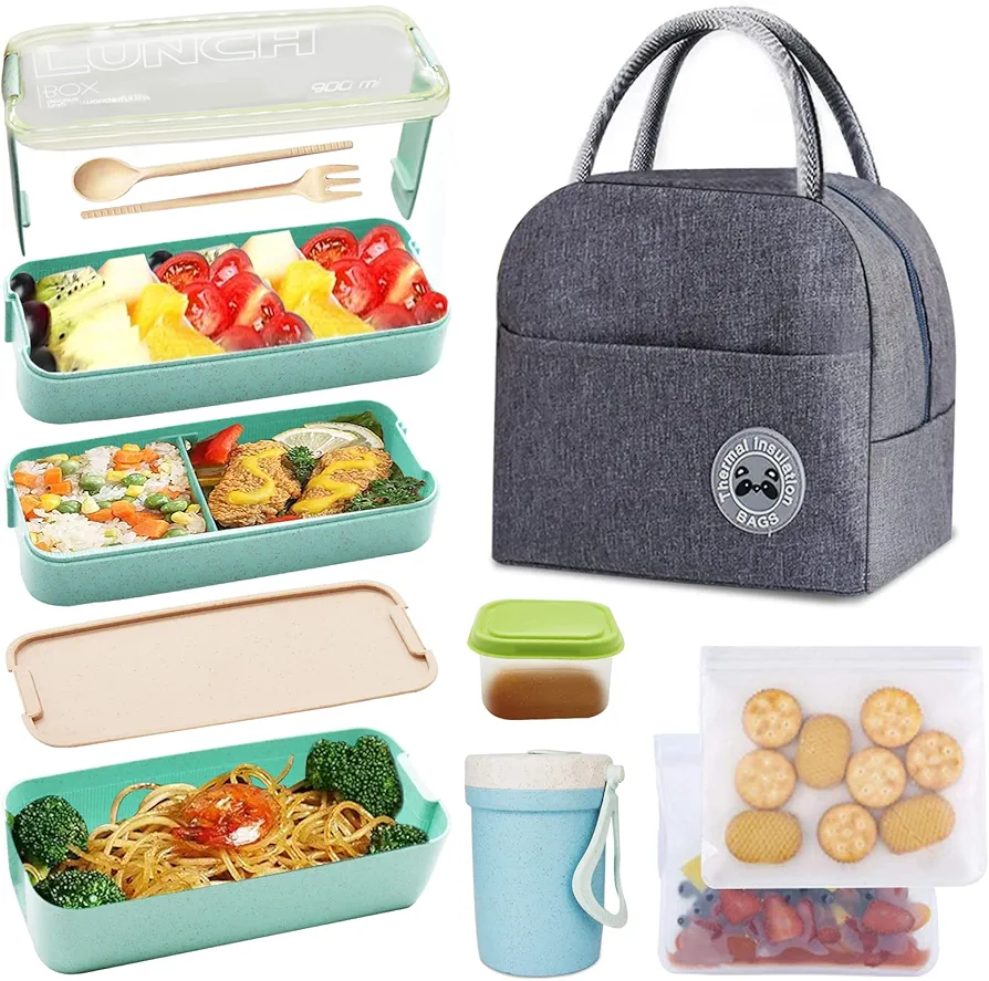 Koccido Bento Box Kit,Japanese Lunch Box 3-In-1 Compartment,Leakproof 3 Layer Lunch Container for Kids and Adults