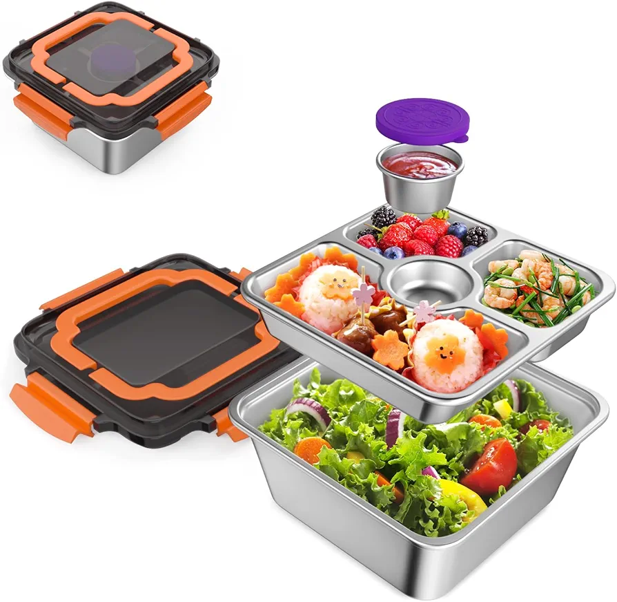 Bento Box Adult Lunch Box Large 60oz Stainless Steel Salad Containers with Lid 4-Compartment Bento Tray Leakproof 2.5oz Sauce Container for Work Picnic Oven Dishwasher Safe (Orange)