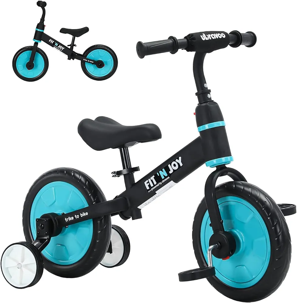 Trike to Bike Riding Tricycles for Boys Girls 2-5, Fit 'n Joy Kids Balance Bike with Pedals & Training Wheels Options, 4-in-1 Starter Toddler Training Bicycle