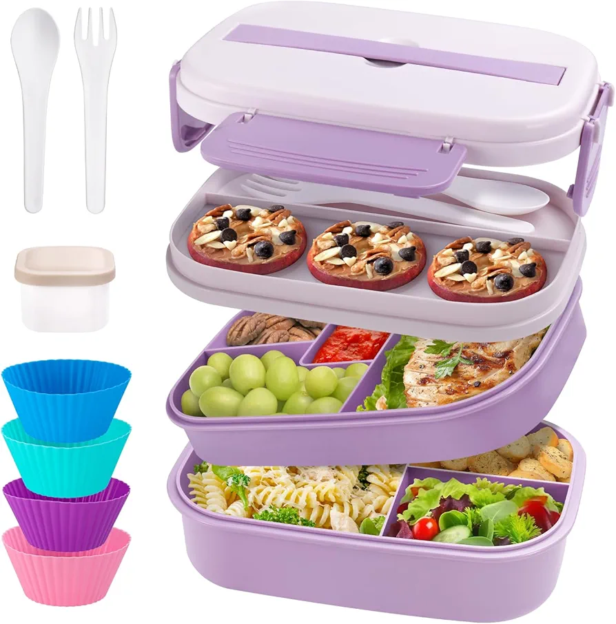 Bento Box Adult Lunch Box, Stackable Lunch Container for Adults Women Kids Girls, 63oz 3 Layer Large Lunch Box Container with Utensil Set, Sauce Container, Muffin Cups, Purple