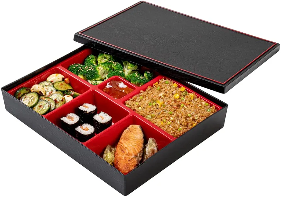 Bento Tek 12.2 x 9.8 x 2.4 Inch Compartment Lunch Container, 1 Japanese Style Adult Lunch Container - With 6 Compartments, Greaseproof, Black & Red Plastic Divided Lunch Box, Hot & Cold Food