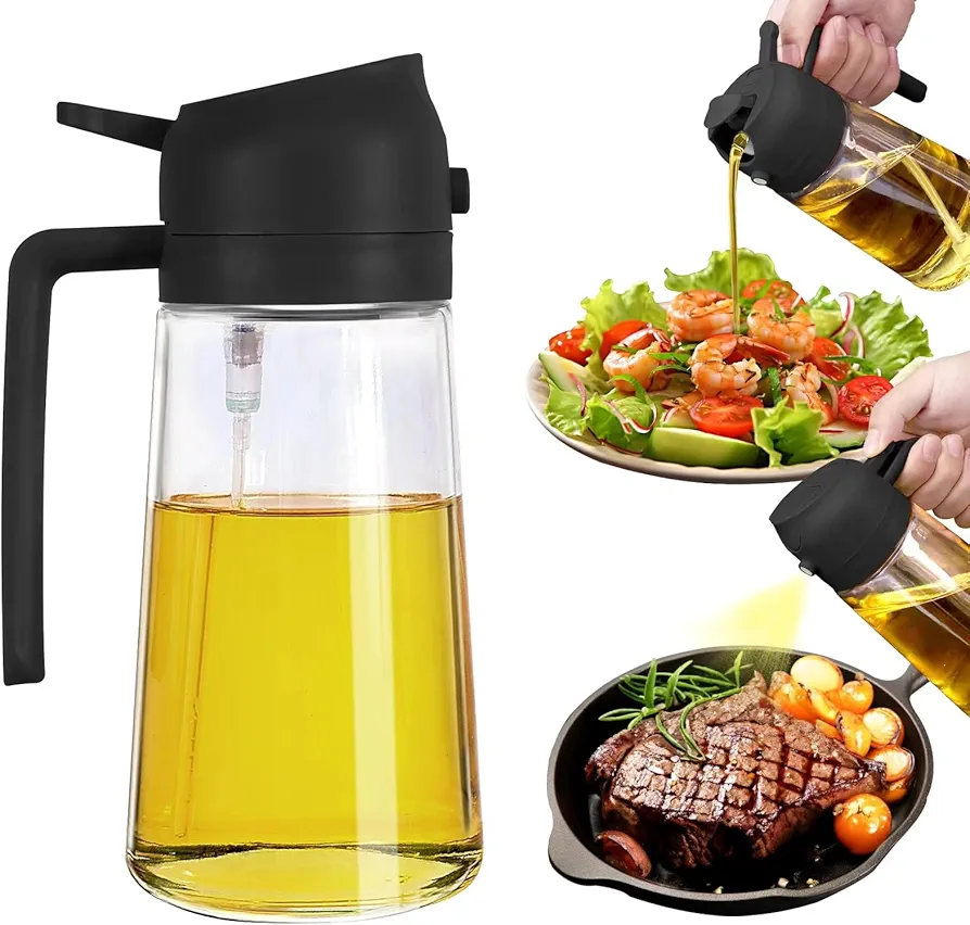 2 in 1 Oil Dispenser and Oil Sprayer, 470ml Oil Dispenser Bottle Spray and Pour, Glass Olive Oil Sprayer for Cooking, Food-Grade Oil Spray Bottle Mister Spritzer for BBQ, Air Fryer, Kitchen (Black)