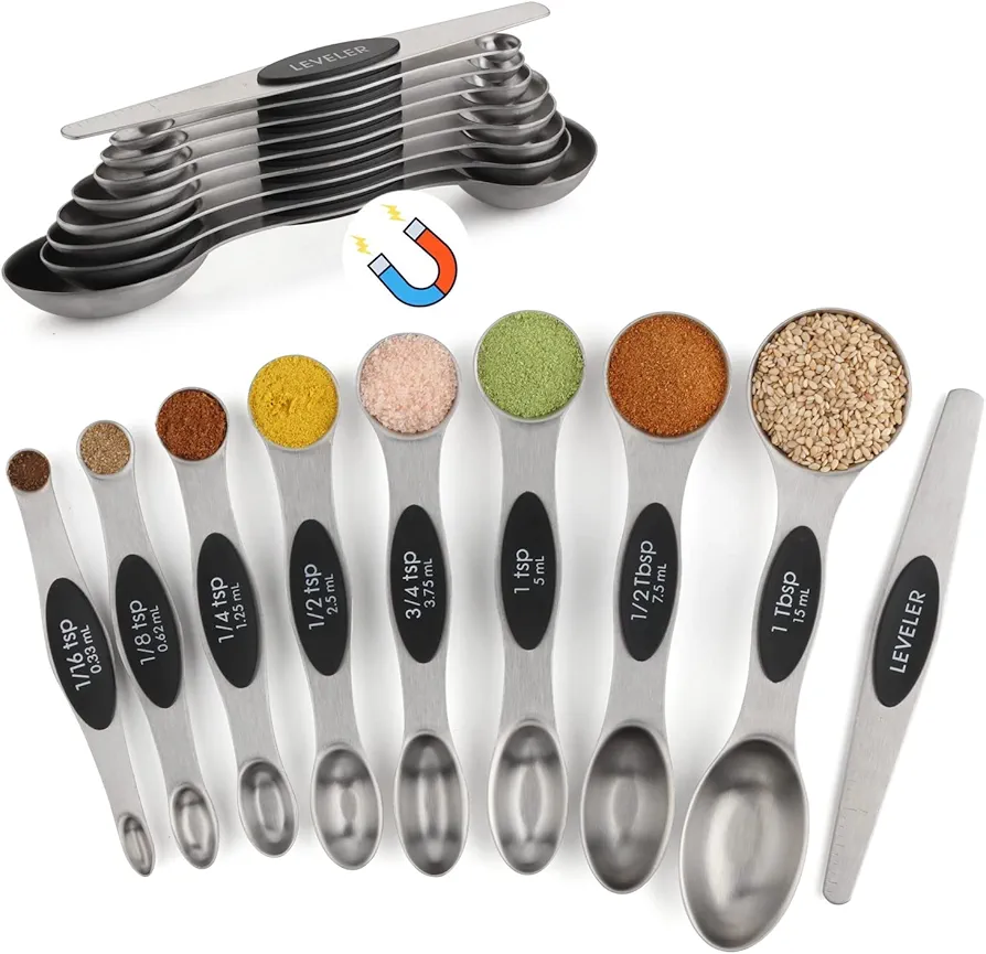 Measuring Spoons Set of 9 Magnetic Measuring Spoons Dual Sided Stainless Steel Measuring Spoons Stackable Nesting Tablespoon Teaspoon, Fits in Spice Jars, for Dry or Liquid Ingredients