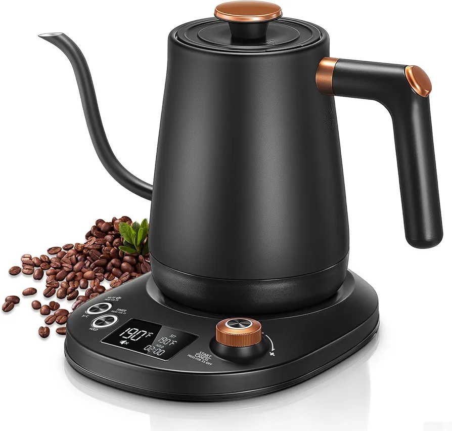 Electric Gooseneck Kettle, Tea Kettle ±1℉ Temperature Control, 0.8L Pour Over Electric Kettle for Coffee & Tea, Hot Water Boiler, Stainless Steel Inner, 1200W Rapid Heating,LCD Display,Matte Black