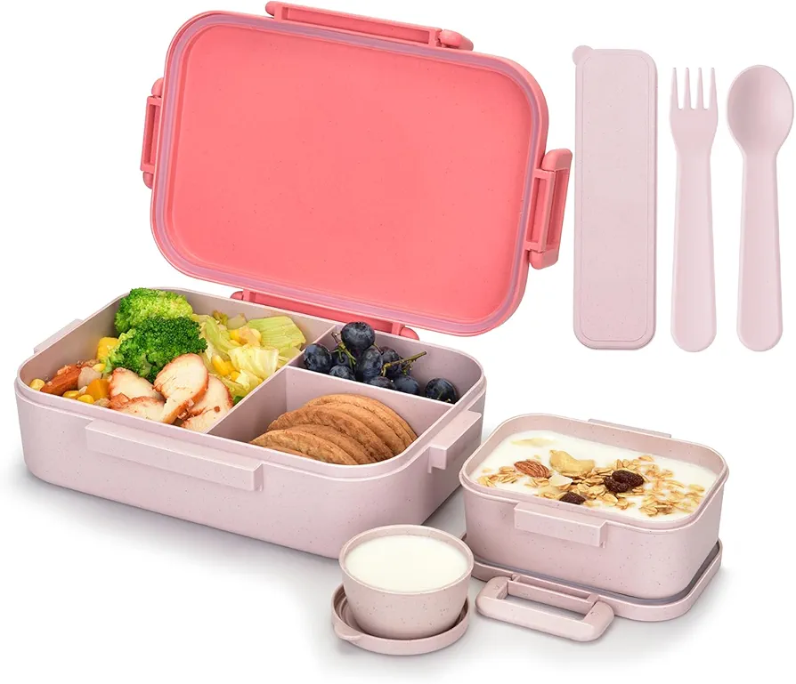 1200ML Bento Box, Wheat Straw Lunch Container With Utensil Set and Leak-Proof Movable Compartment, BPA-Free Lunch Box, Lightweight and Easy Open To-go Food Container for over 8 years old