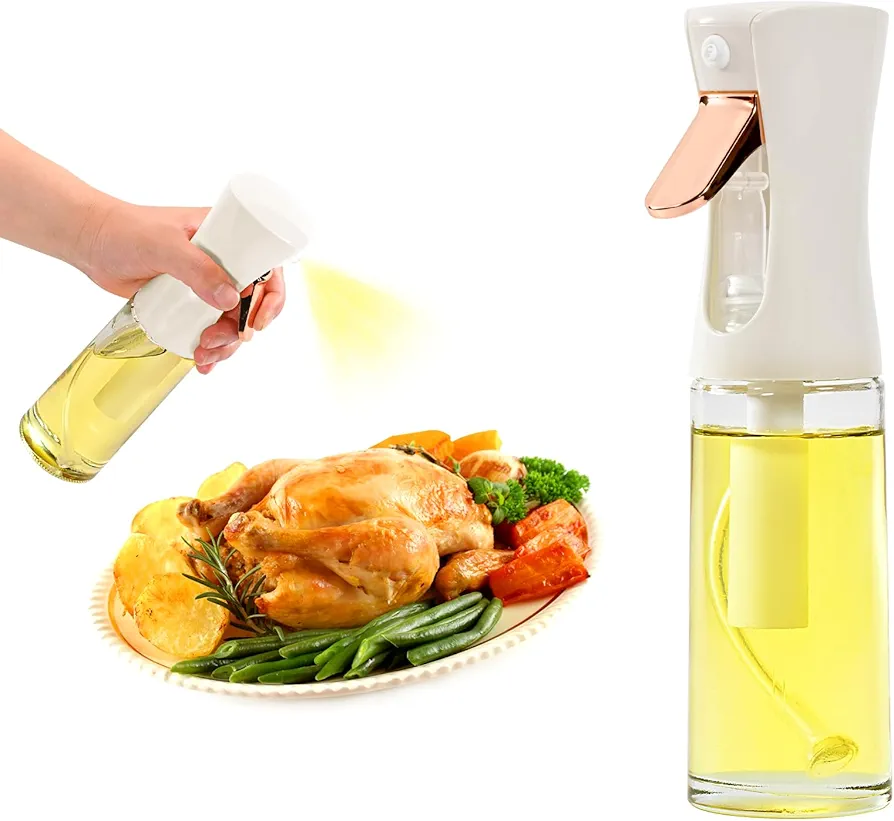 Oil Sprayer for Cooking, 220ml olive oil sprayer, oil spray bottle for Air Fryer, oil mister for Baking, Salad Dressings, Grilling (Glass Bottle, 220ml/7.4 oz) (White)