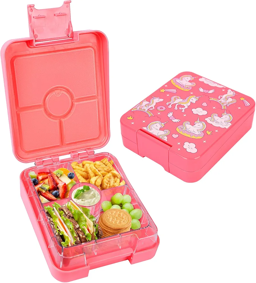 Kids Leak-proof Bento Lunch Box with Removable Tritan Tray, Prints Lunch Food Containers with 4 Compartment, BPA-Free, Dishwasher Safe, Food-Safe Materials (Pink-Cute Horse)