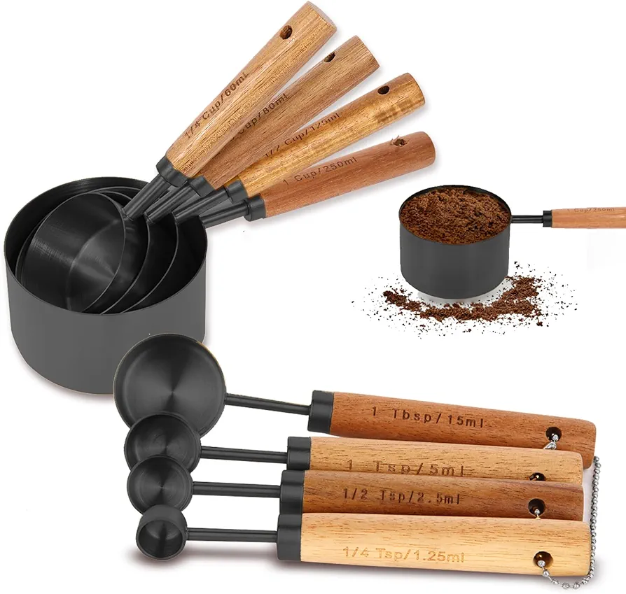 Measuring Cups and Spoons Set with Fragrant Wood Handles, 8 Piece Measuring Spoons and Measuring Cups Set,Precision Measuring Cup Set for the Kitchen Enthusiast(Black)