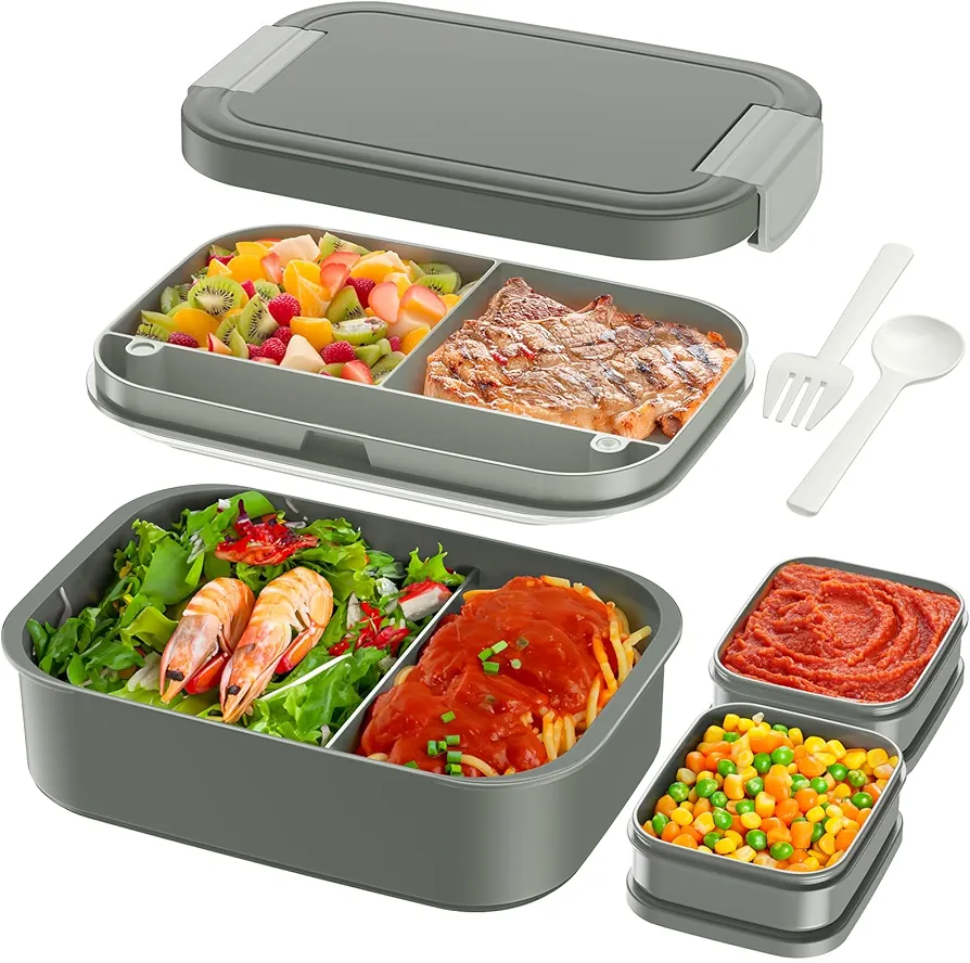 Adult Lunch Bento Box - 66oz / 1960ml Bento Box for Adult, Lunch Containers with 2 Sauce Containers & Utensil Set, 100% Leak Proof, BPA-Free, Dishwasher/Microwave Safe, Office, School & Picnic, Grey