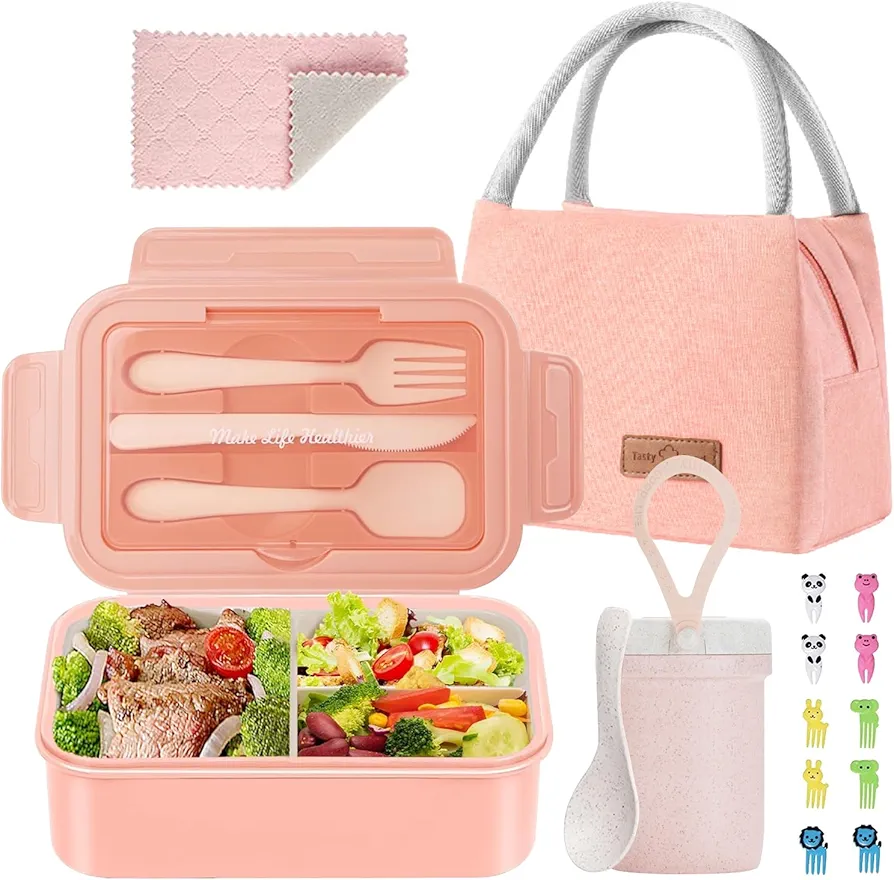 Bento Lunch Box for Kids, Bento Box Adults Lunch Box Leak-proof for Kids Toddler Teens School, Lunch Box Containers Durable with Lunch Bag, Cup, Spoon, Forks, Dishcloth (Pink Set)