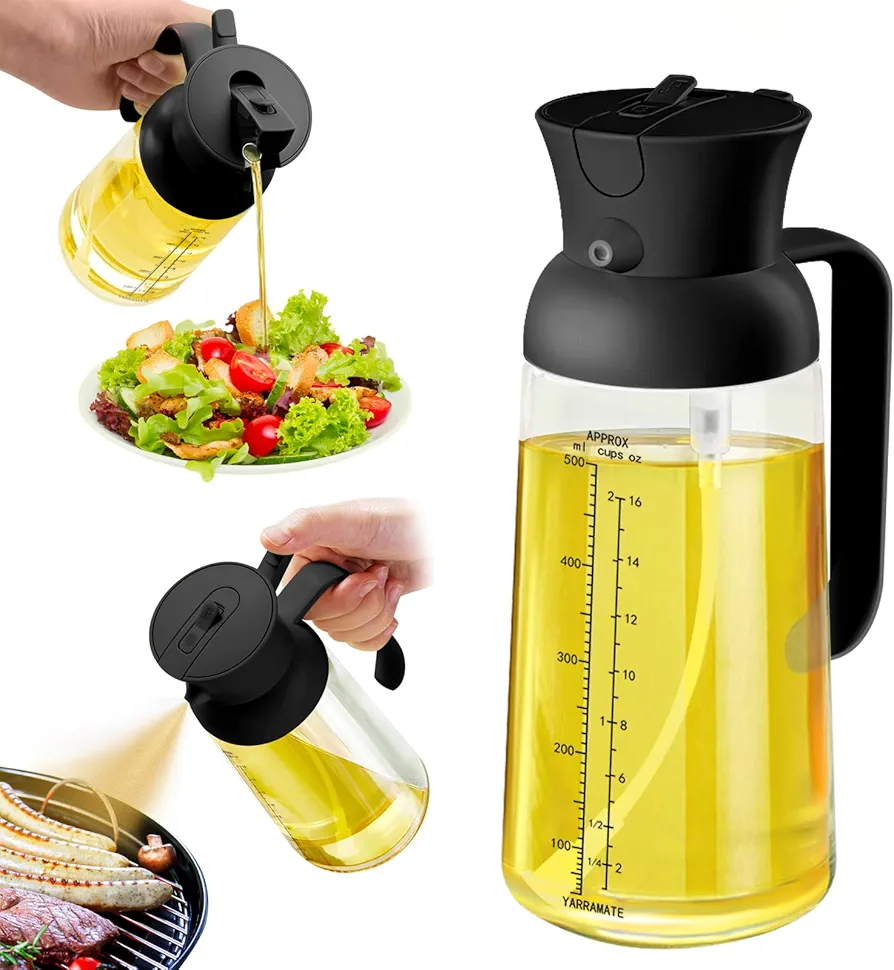 YRRAMATE - 18oz/550ml Olive Oil Dispenser for Kitchen - 2 in 1 Oil Sprayer for Cooking - Olive Oil Dispenser and Oil Sprayer - Food-grade Oil Spritzer Bottle for Air Fryer, Salad BBQ (Black)