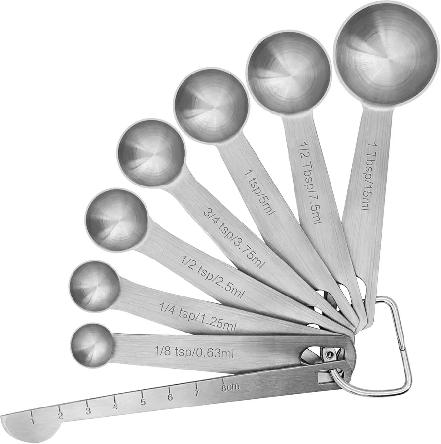 Measuring Spoons, Stainless Steel Measuring Cups Set Ruler & Scraper, 3/4 TSP, 1/8 TSP, 1 TSP, 1/4 TSP, 1/2 TSP, 1/2 Tbsp & 1 Tbsp Small Tablespoon and Leveler for Kitchen Cooking and Baking