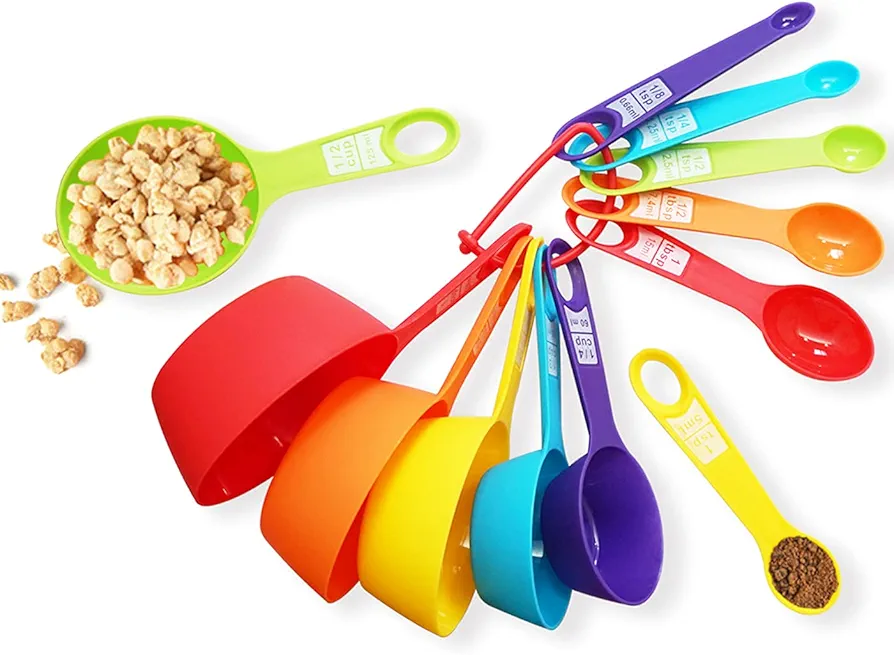 12 Piece Measuring Cups and Spoons Set, Colored Kitchen Measure Tools, Durable Nesting Cups and Spoons for Dry and Liquid, Dishwasher Safe